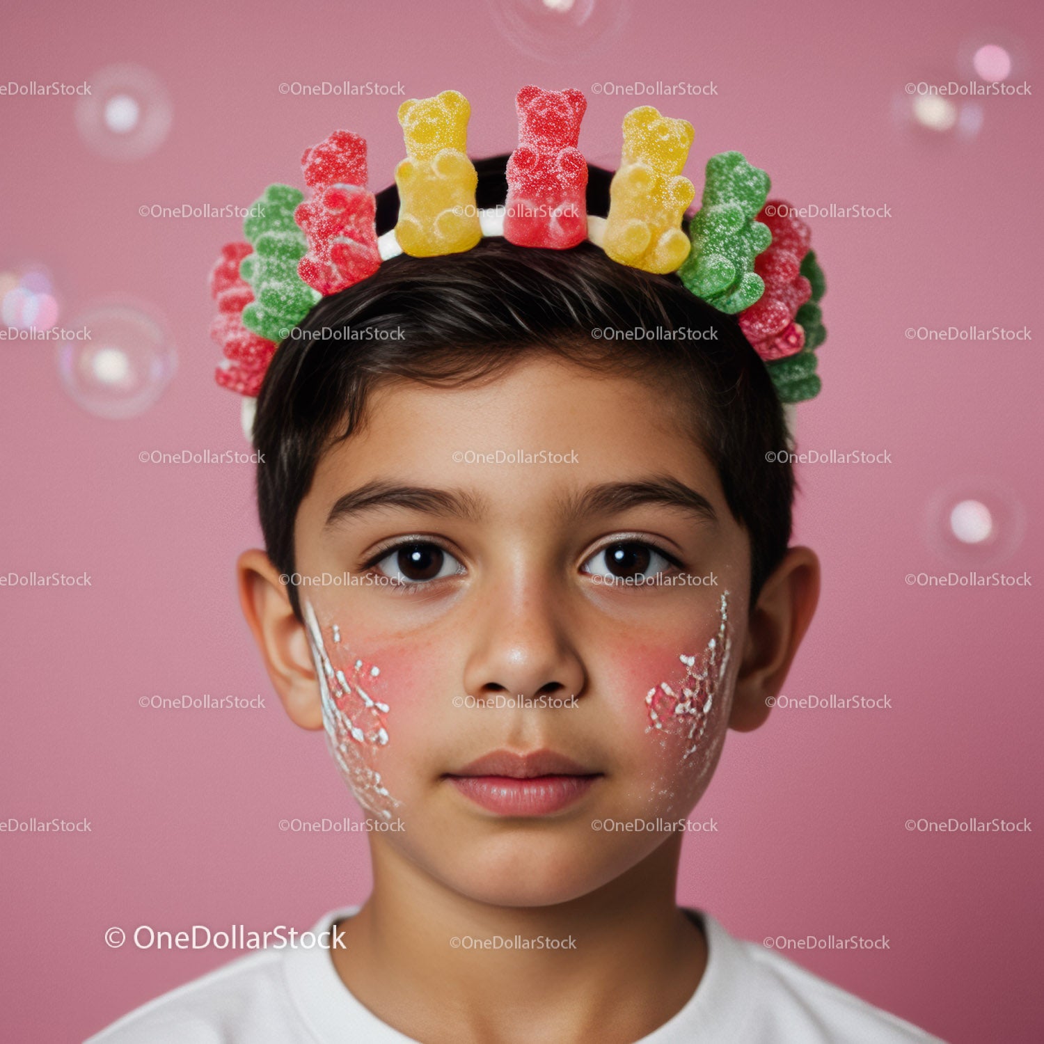 Boy wearing colorful gummy bear candy crown with face paint