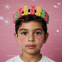 Boy wearing colorful gummy bear candy crown with face paint