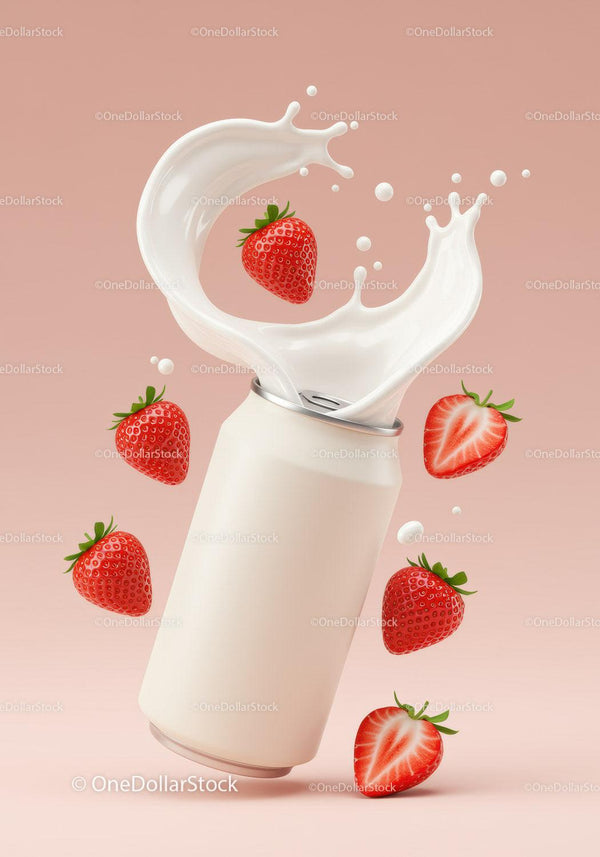 Fresh strawberries splashing from creamy drink can JPG Mockup Image