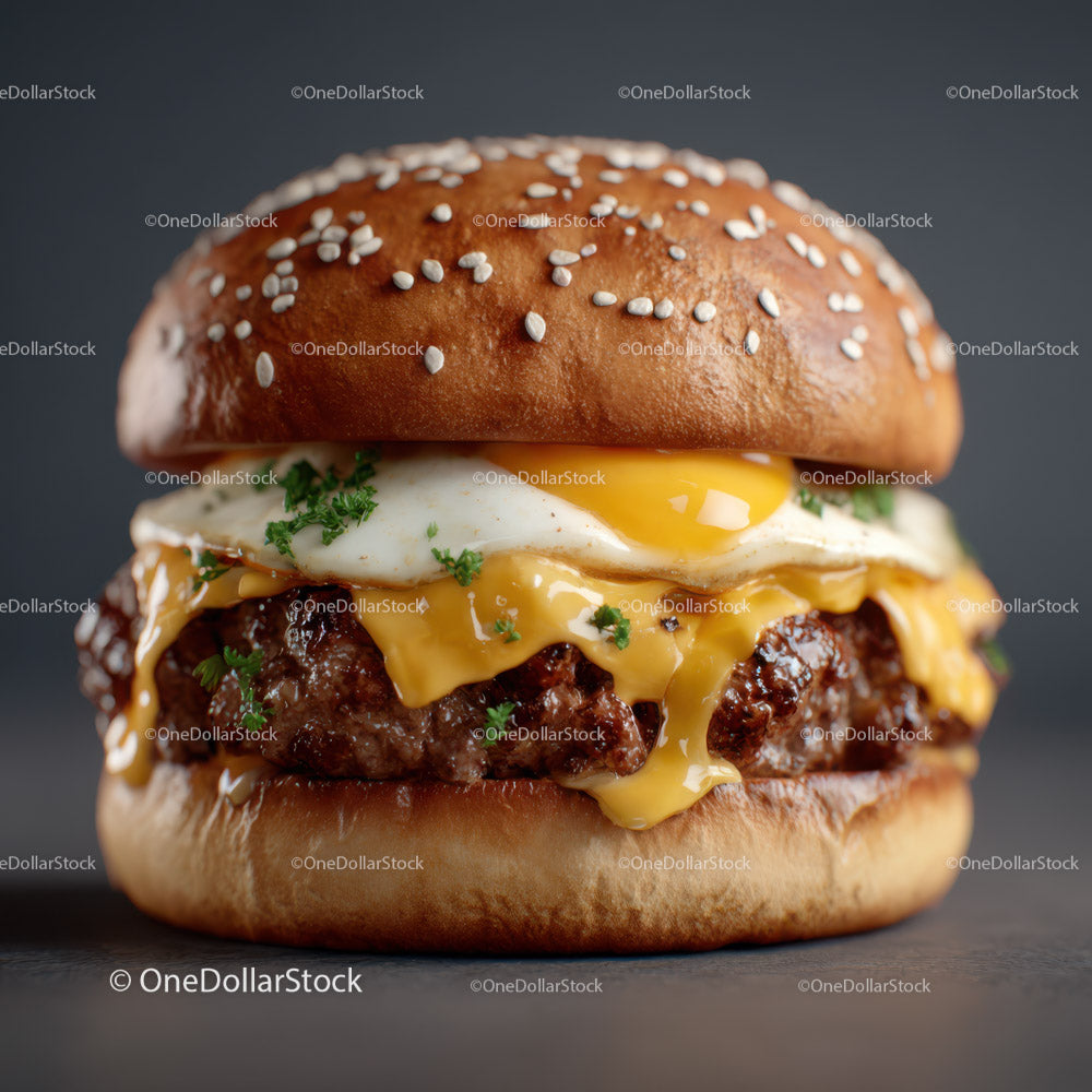 Gourmet Cheeseburger with Fried Egg and Fresh Greens in Bun
