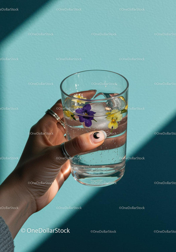 Hand Holding Glass of Water with Floating Flowers