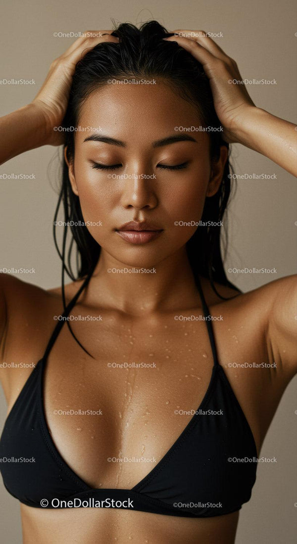 Serene Young Woman with Wet Skin in Black Bikini for Skincare and Beauty