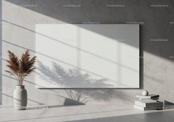 Blank white canvas on concrete wall with dried plants JPG Mockup Image
