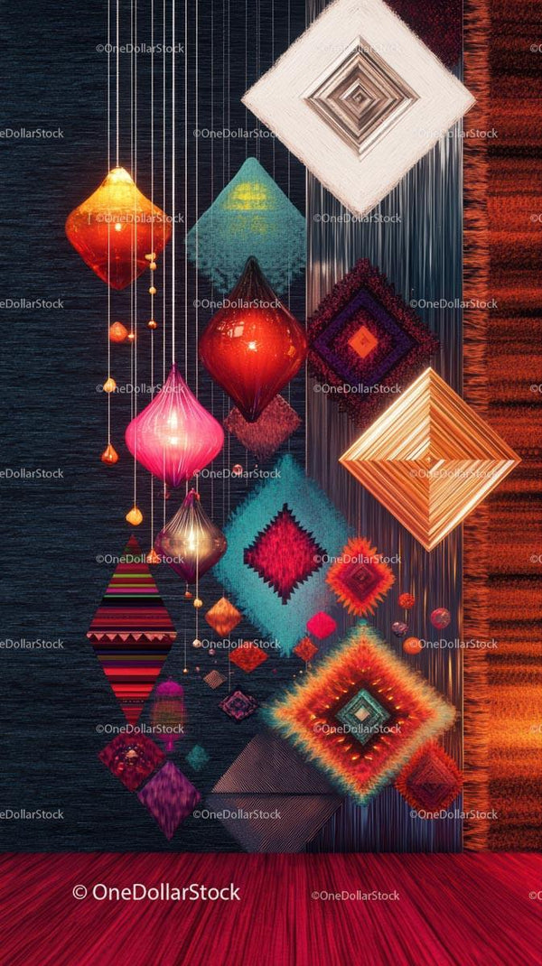 Kolorowa geometryczna dekoracja ścienna z wiszącymi lampami do nowoczesnego wnętrza