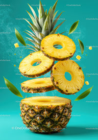Fresh pineapple slices floating with vibrant leaves