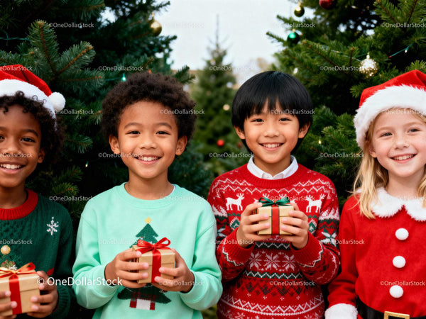 Smiling children holding Christmas gifts by tree