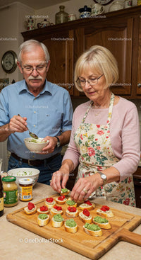 Senior couple preparing colorful appetizers in kitchen