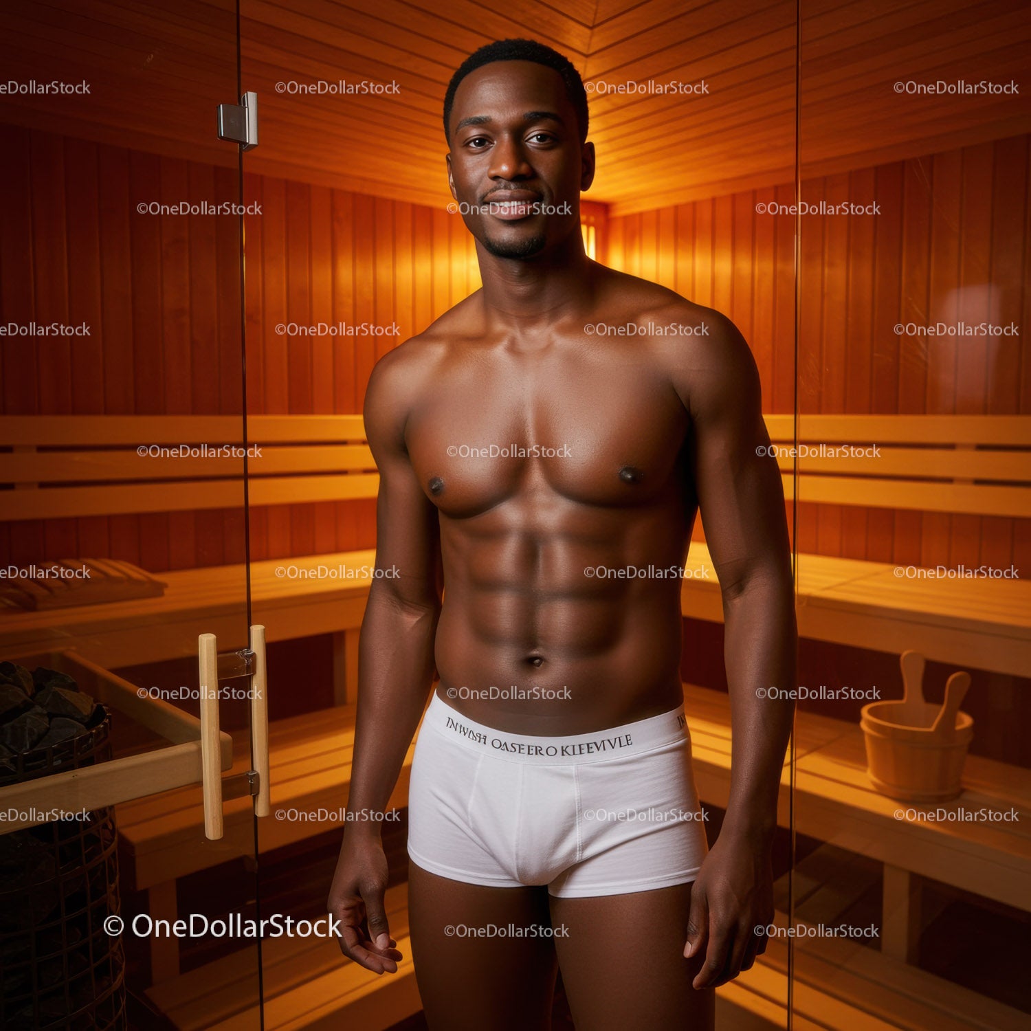 Strong Male Model in Sauna with Towel in Warm Relaxation Environment