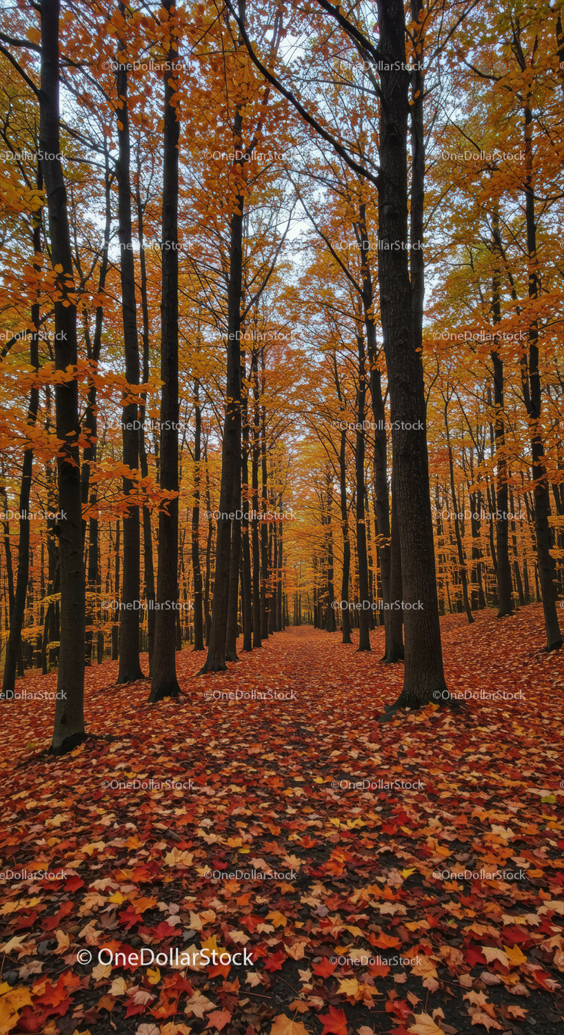 Peaceful Autumn Forest Path Covered with Fallen Leaves