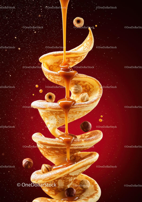 Spiral Pancakes Drizzled with Caramel and Hazelnuts