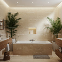 Contemporary beige bathroom with lush indoor plants and minimalist decor
