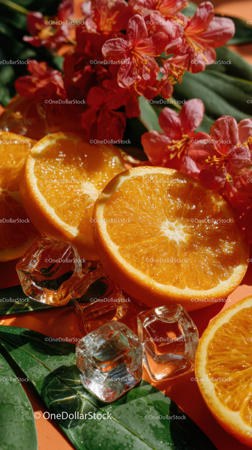 Bright Orange Slices with Green Leaves and Ice Cubes for Refreshing Summer Display