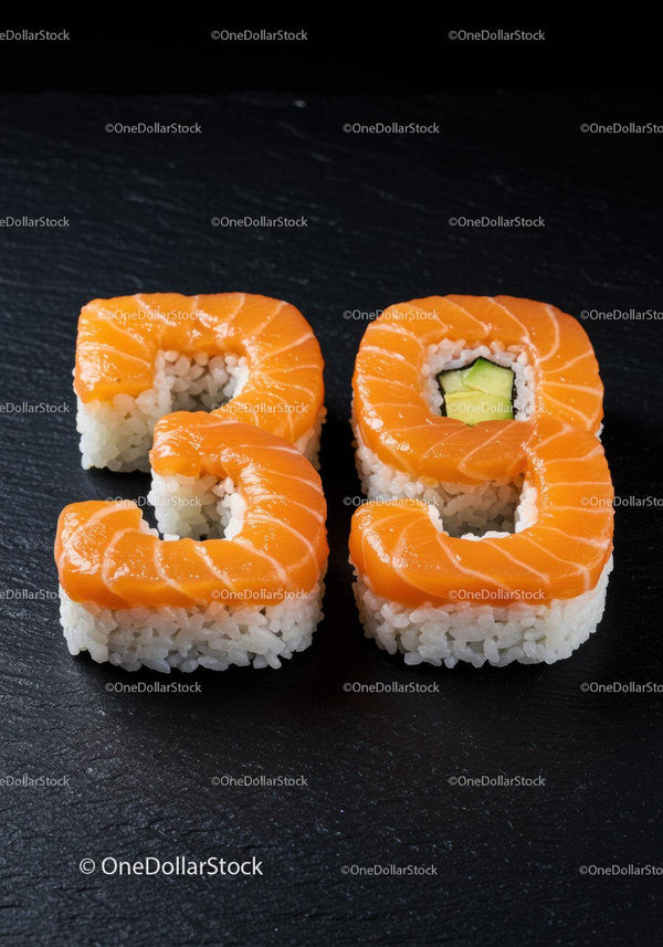 Salmon sushi shaped as number twenty nine on slate