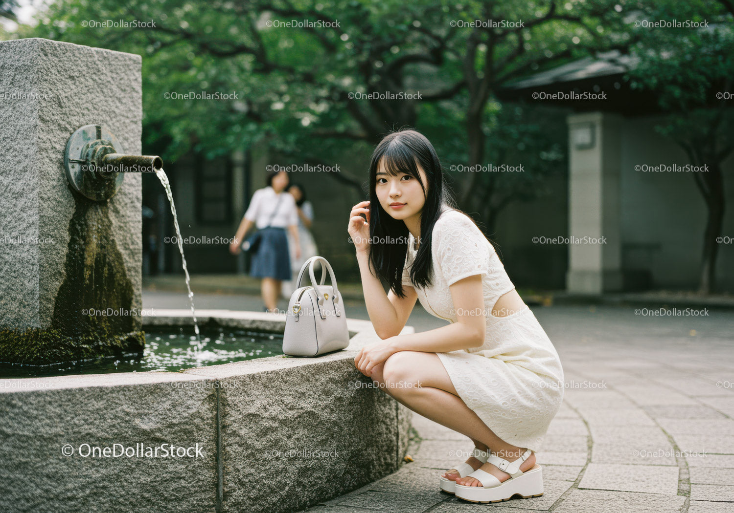 Young Woman in White Dress Relaxing by Water Fountain in Park