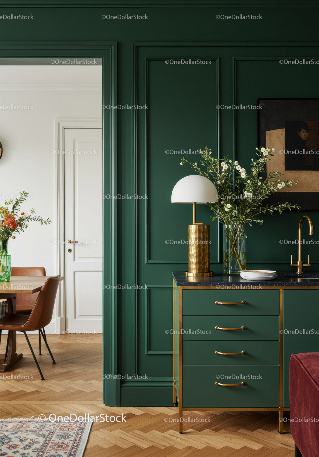 Stylish Green Kitchen with Gold Accents and Elegant Decor