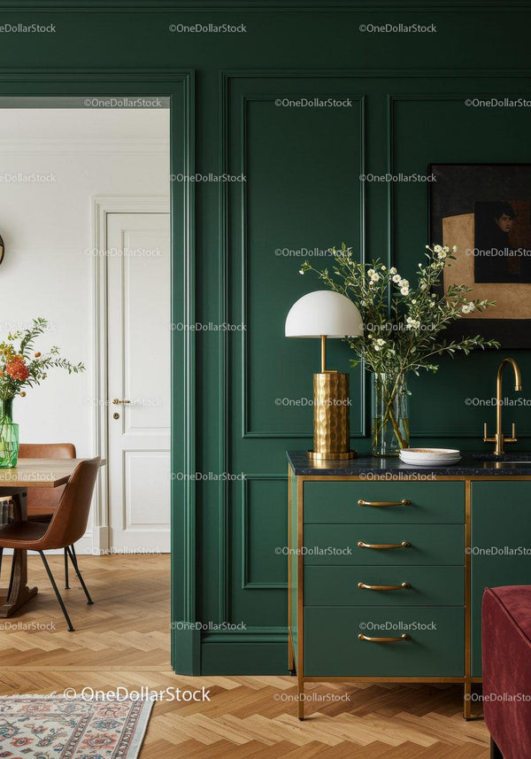 Stylish Green Kitchen with Gold Accents and Elegant Decor