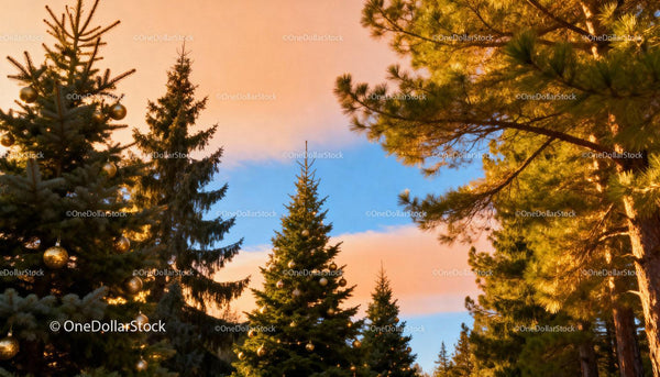 Sunset glow over decorated evergreen forest trees