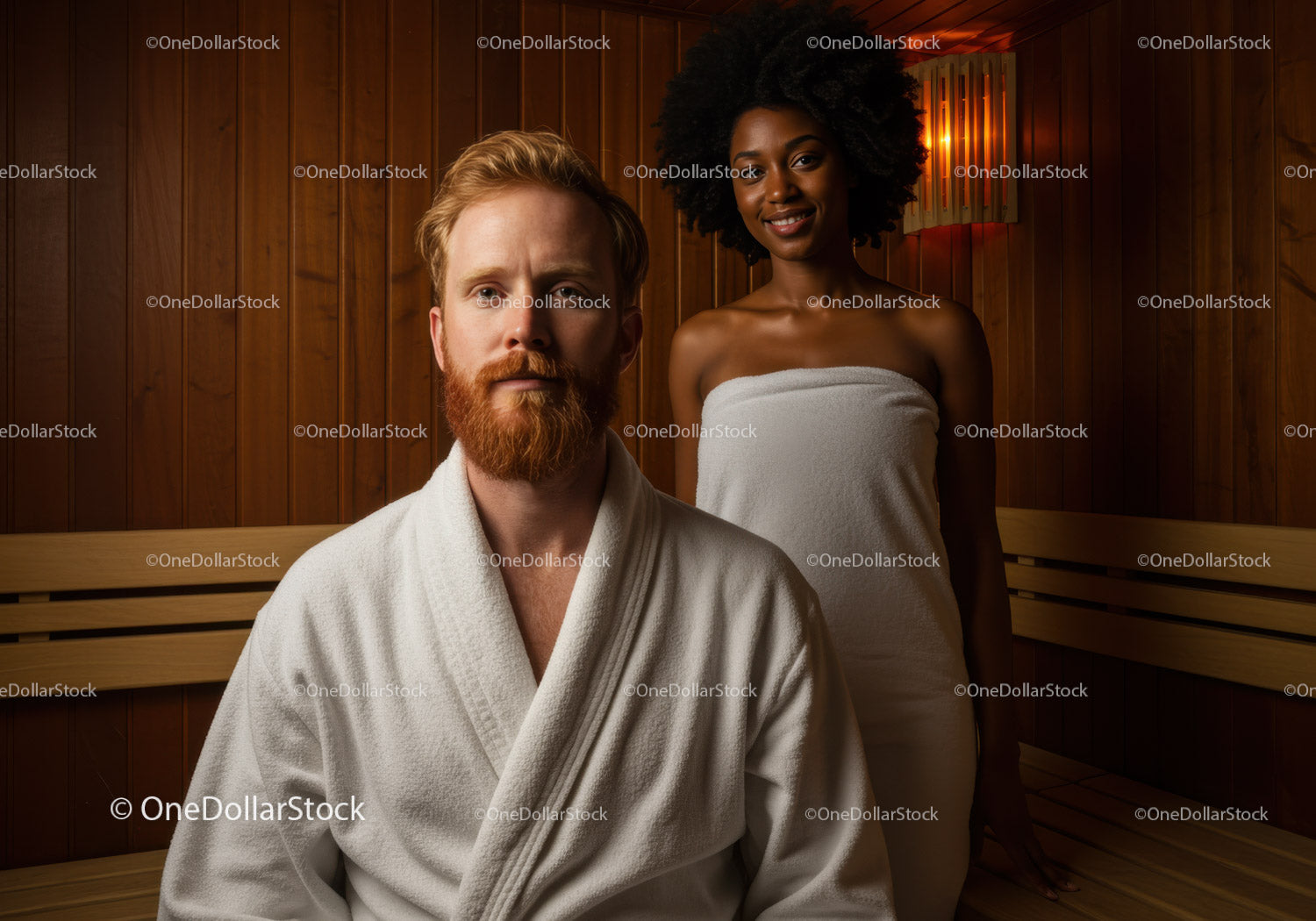 Relaxing Spa Scene with Men and Woman in Wooden Sauna Room