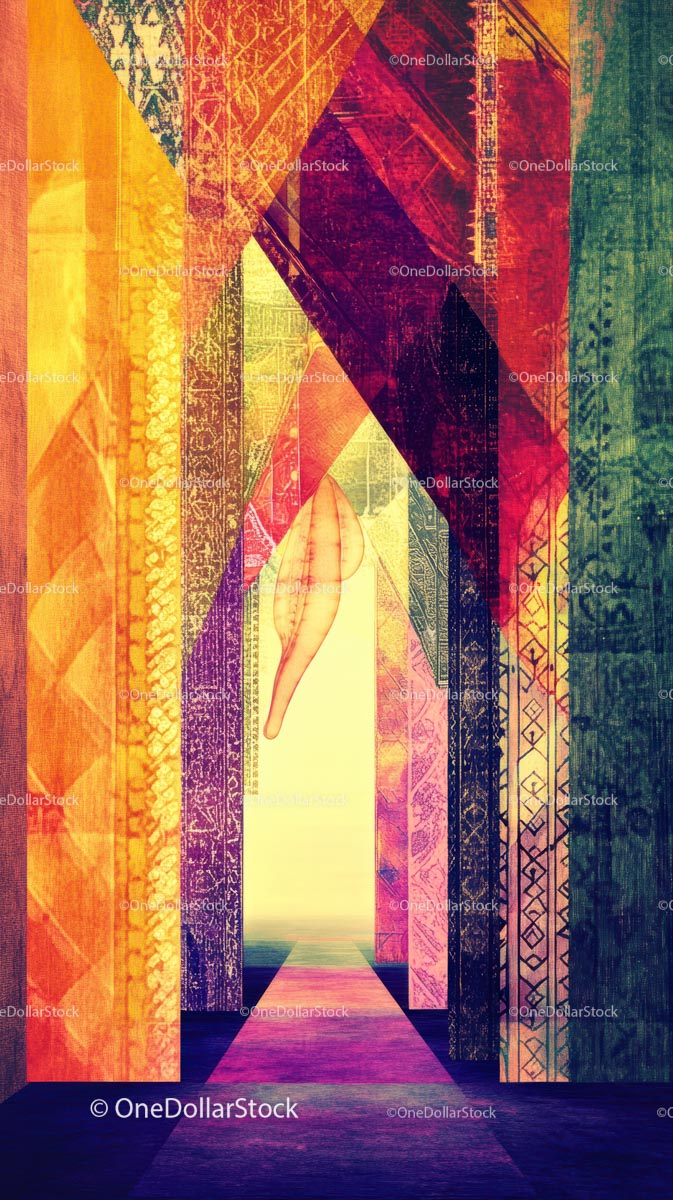 Colorful Abstract Architectural Scene with Arches and Desert Horizon
