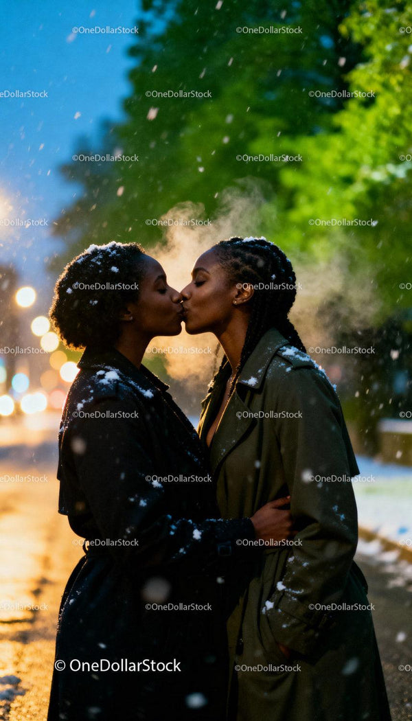Couple sharing a tender kiss in snowy evening cityscape