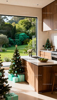 Modern kitchen with decorated Christmas trees and garden view