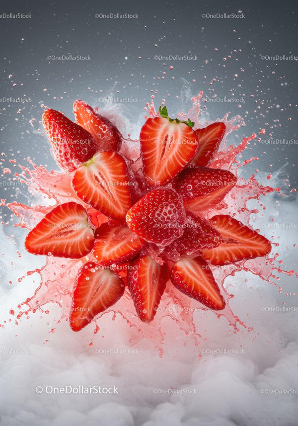 Fresh red strawberries splashing in water with mist