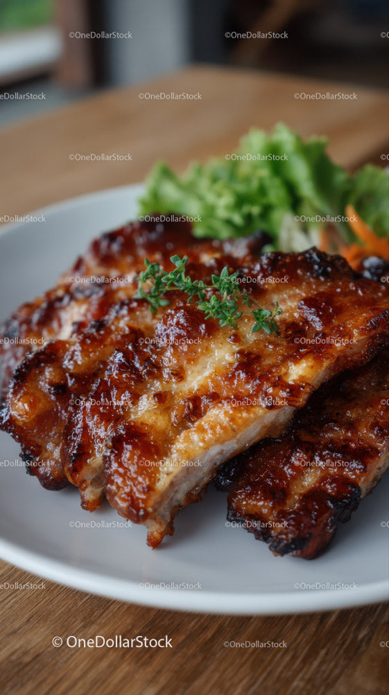Juicy Grilled Pork Ribs with Fresh Herbs on a Rustic Plate