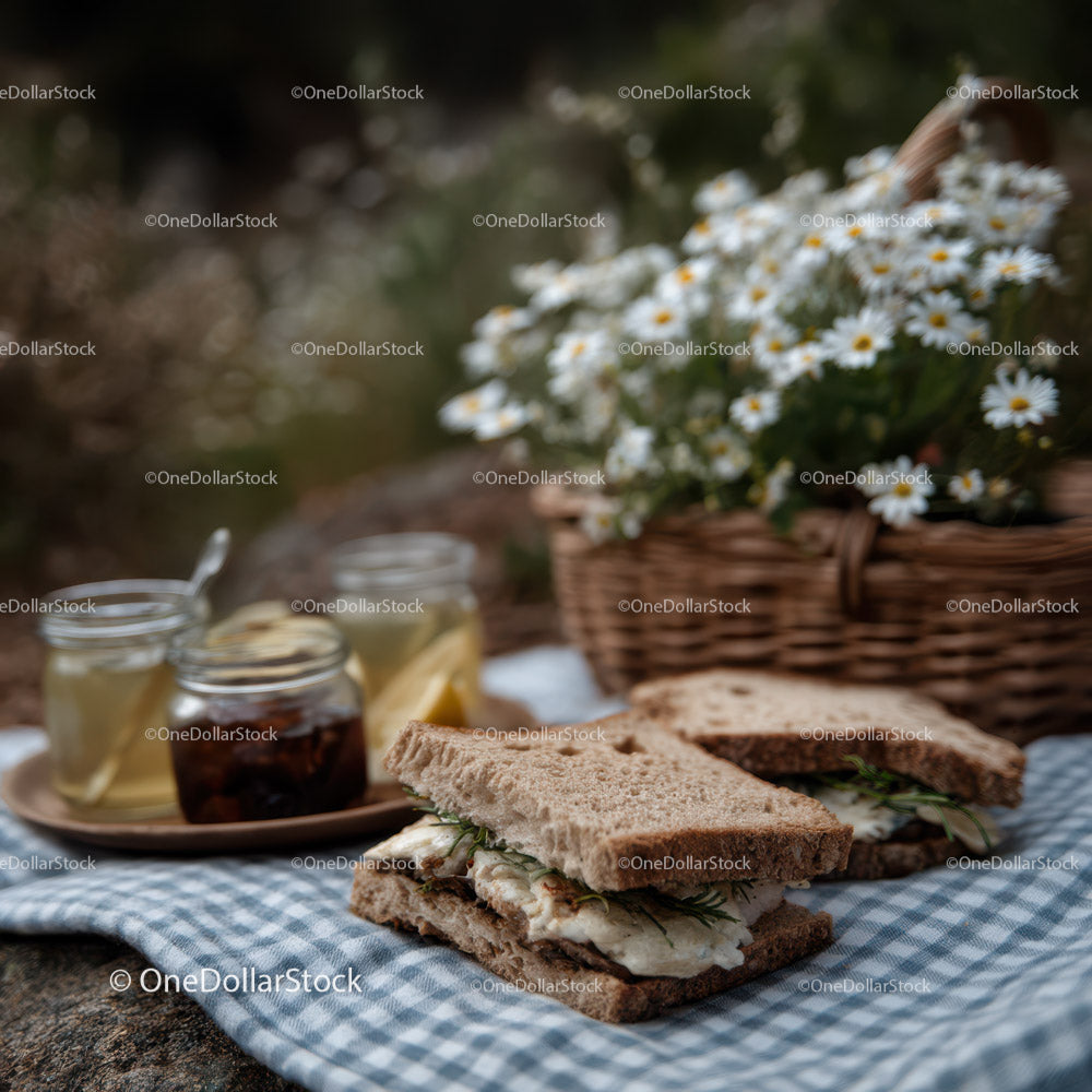 Fresh Sandwich and Herbal Tea for Summer Picnic in Countryside