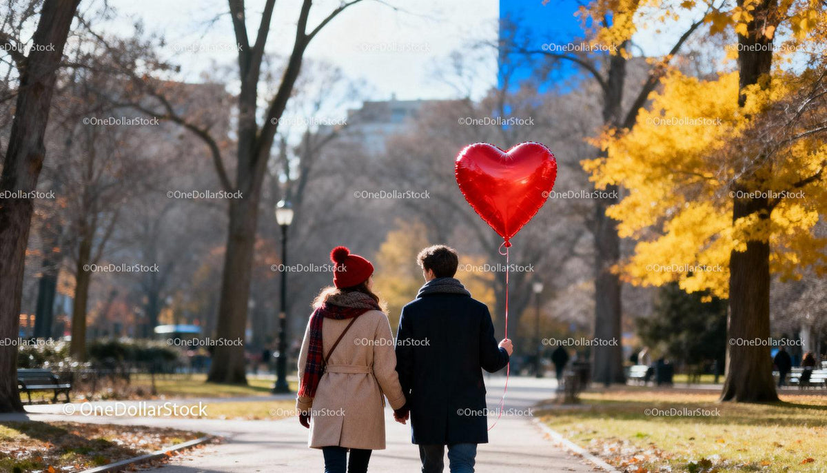 Couple Holding Hands with Heart Balloon in Autumn Park