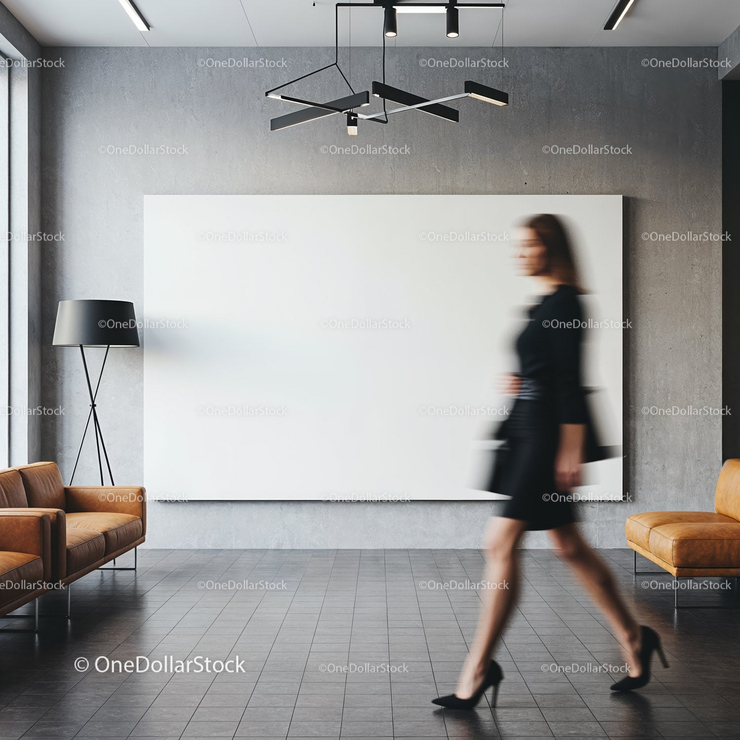Businesswoman walking through modern office lobby interior