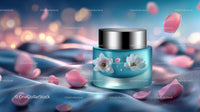 Elegant Glass Jar of Skincare with Pink Petals on Soft Fabric