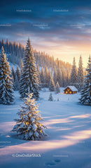 Cozy Winter Cabin Surrounded by Snowy Pine Trees