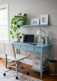 Modern Home Office with Blue Desk and Green Houseplant