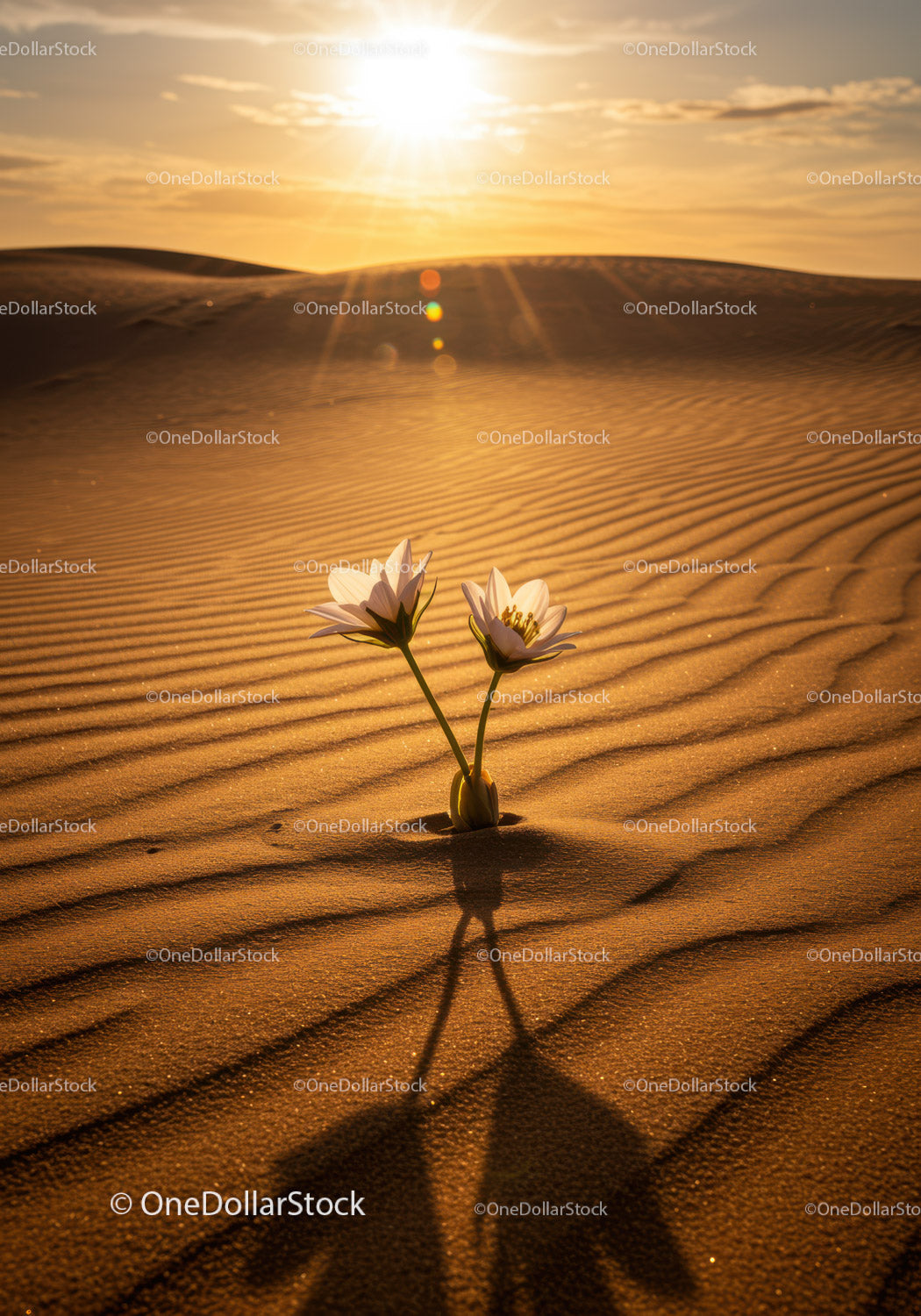 Delicate white flowers blooming on golden sand dunes