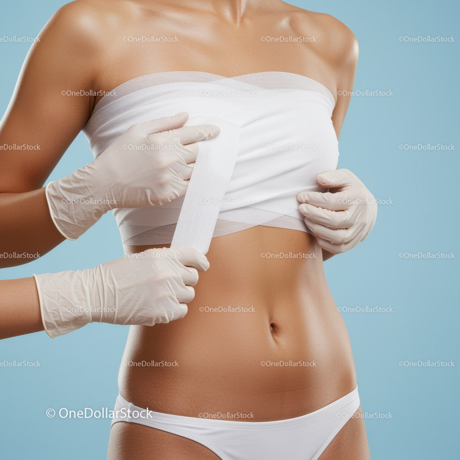 Woman in Bandage During Medical Treatment on Blue Background