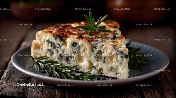 Close-up of Blue Cheese Wedge with Fresh Herbs on Rustic Plate