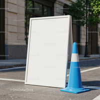 Blank white signboard on urban street pavement
