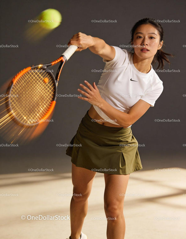 Focused female tennis player hitting a fast ball
