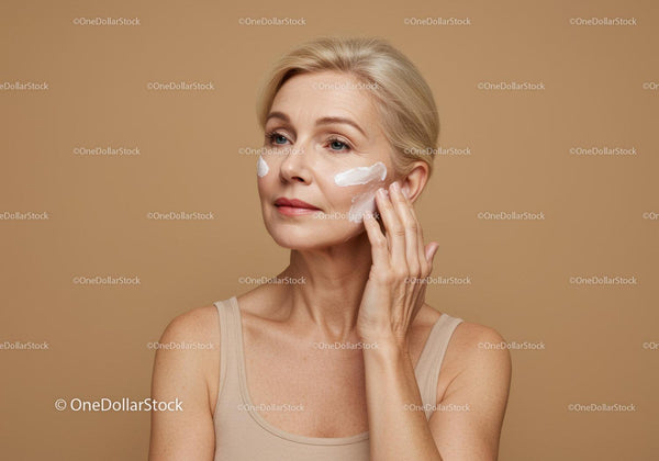 Mature Woman Applying Skincare Cream in Skincare Routine