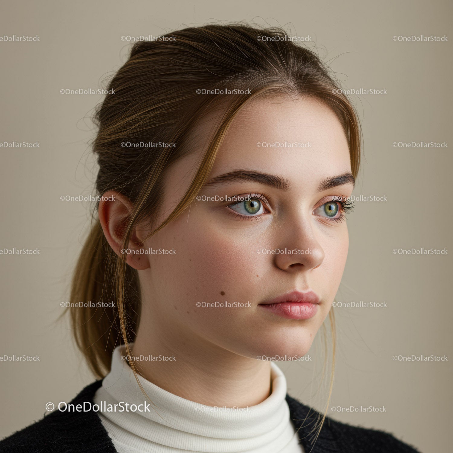Portret młodej kobiety o niebieskich oczach i blond włosach w łagodnym oświetleniu