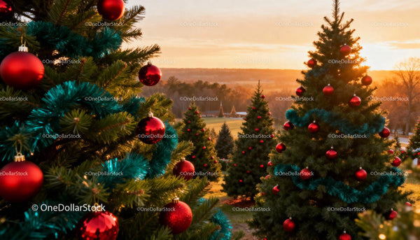 Rows of decorated Christmas trees glowing in sunset light
