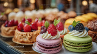 Assorted Fruit Tarts with Fresh Berries and Cream on Bakery Display