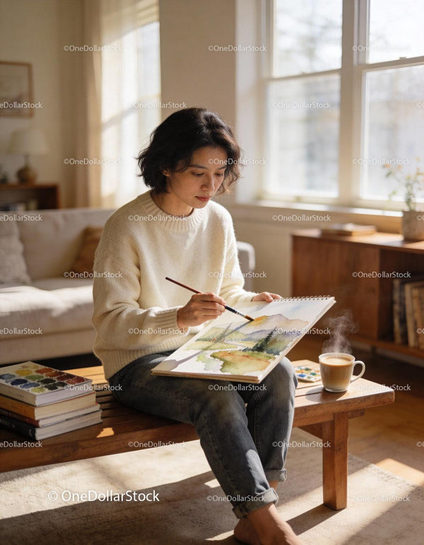 Woman painting a peaceful watercolor landscape indoors