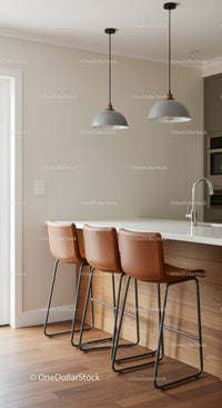 Chic Modern Kitchen with Wooden Bar Stools and Pendant Lighting