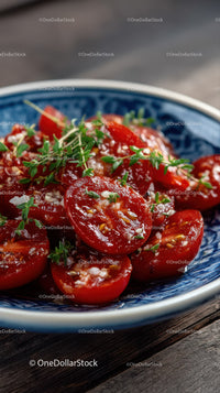 Fresh Cherry Tomatoes with Herbs and Garlic in a Blue Bowl