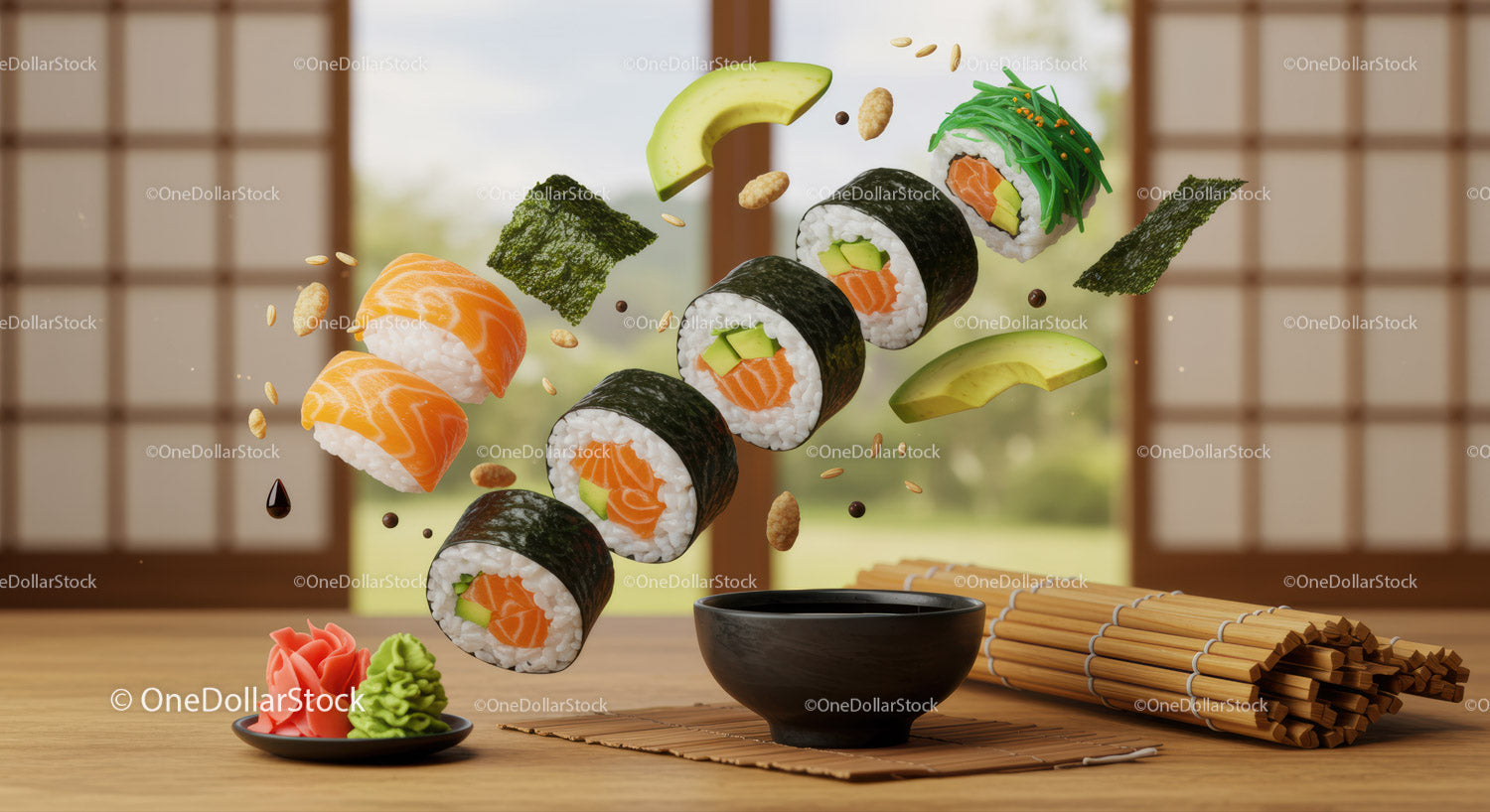 Fresh salmon sushi rolls with avocado in Japanese setting