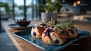 Blueberry Scones with Berry Compote and Rosemary on Ceramic Plate