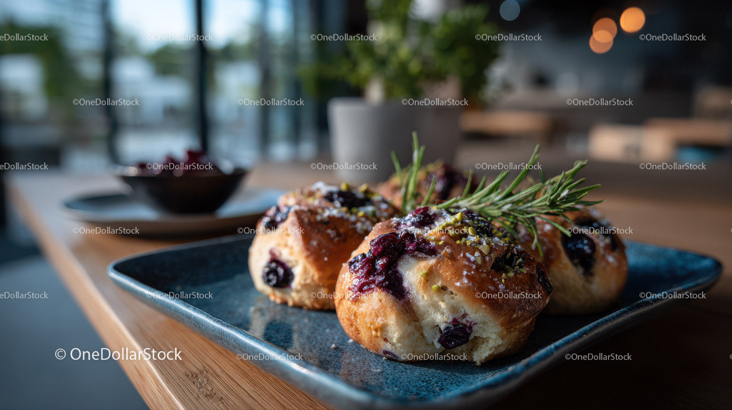 Blueberry Scones with Berry Compote and Rosemary on Ceramic Plate