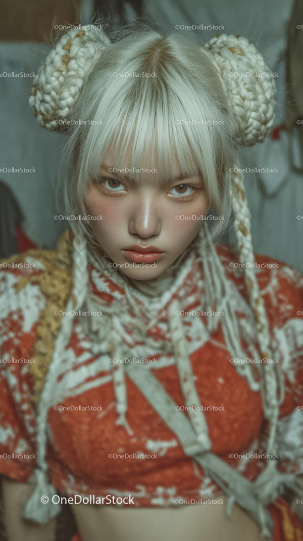 Young Woman with Braided Hair and Intense Expression in Fashion Portrait