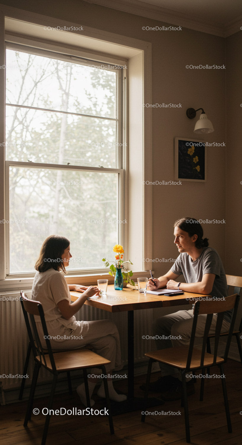 Young couple having conversation at cozy dining table